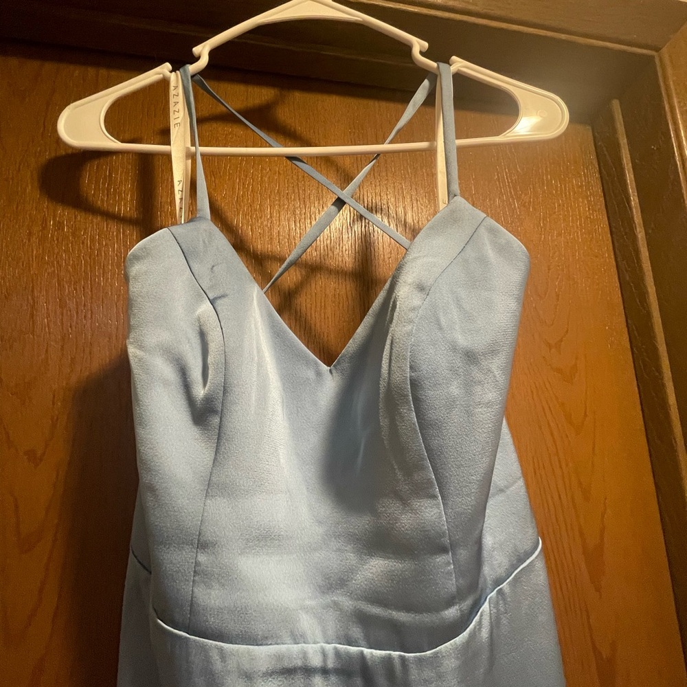 Azazie Mei Backless Steel Blue Dress - Picture 3 of 6